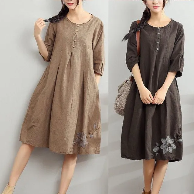 2022 Khaki Summer Linen Dresses Oversize Sundress Bracelet Sleeve Dress