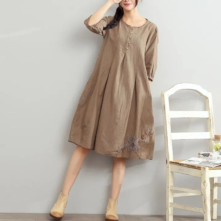 2022 Khaki Summer Linen Dresses Oversize Sundress Bracelet Sleeve Dress