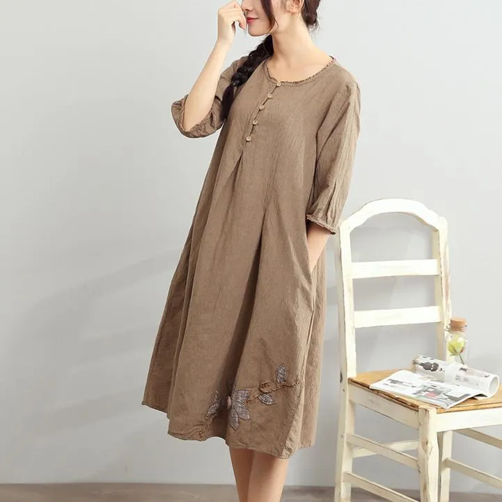 2022 Khaki Summer Linen Dresses Oversize Sundress Bracelet Sleeve Dress