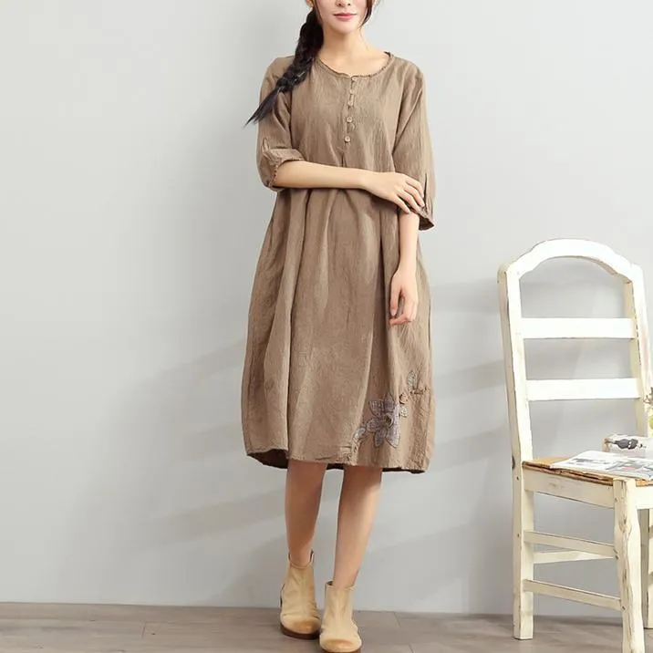2022 Khaki Summer Linen Dresses Oversize Sundress Bracelet Sleeve Dress