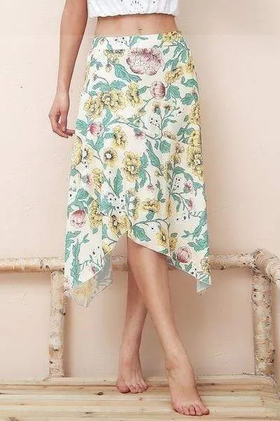 Asymmetrical Boho Midi Skirt with Floral Pattern