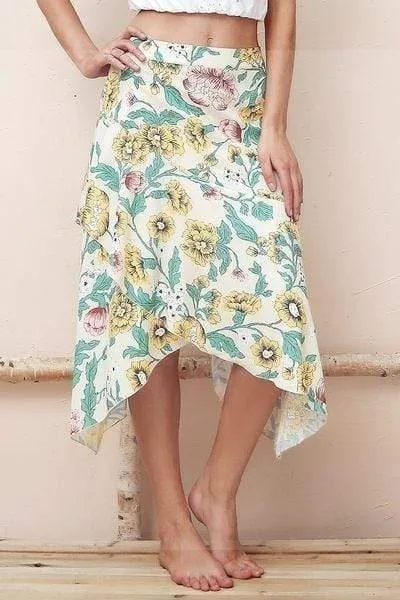 Asymmetrical Boho Midi Skirt with Floral Pattern