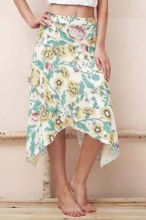 Asymmetrical Boho Midi Skirt with Floral Pattern