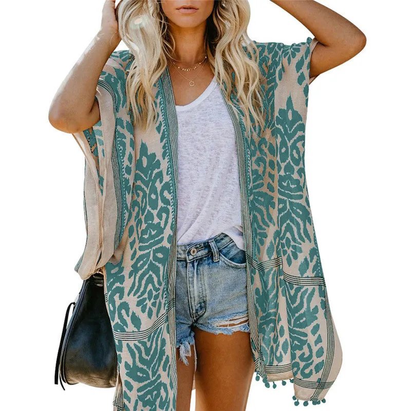 Bali Beach Resort Kimono Cardigan – Boho Pom-Pom Cover-Up