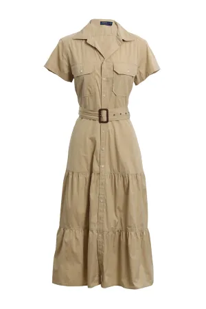 Beige Belted Cargo Shirt Dress