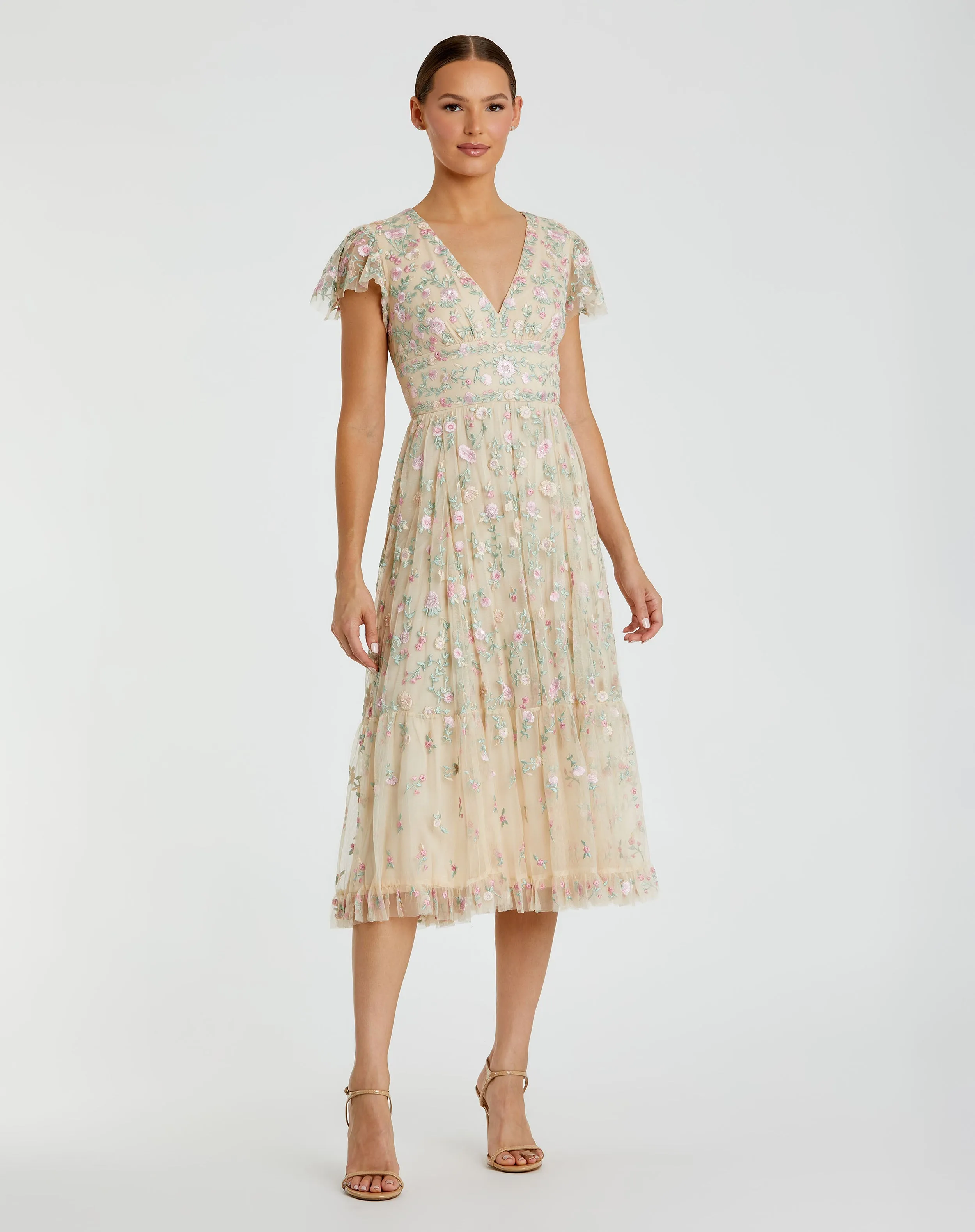 Beige Multicolor Embroidered V Neck Cap Sleeve Midi Dress