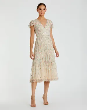 Beige Multicolor Embroidered V Neck Cap Sleeve Midi Dress