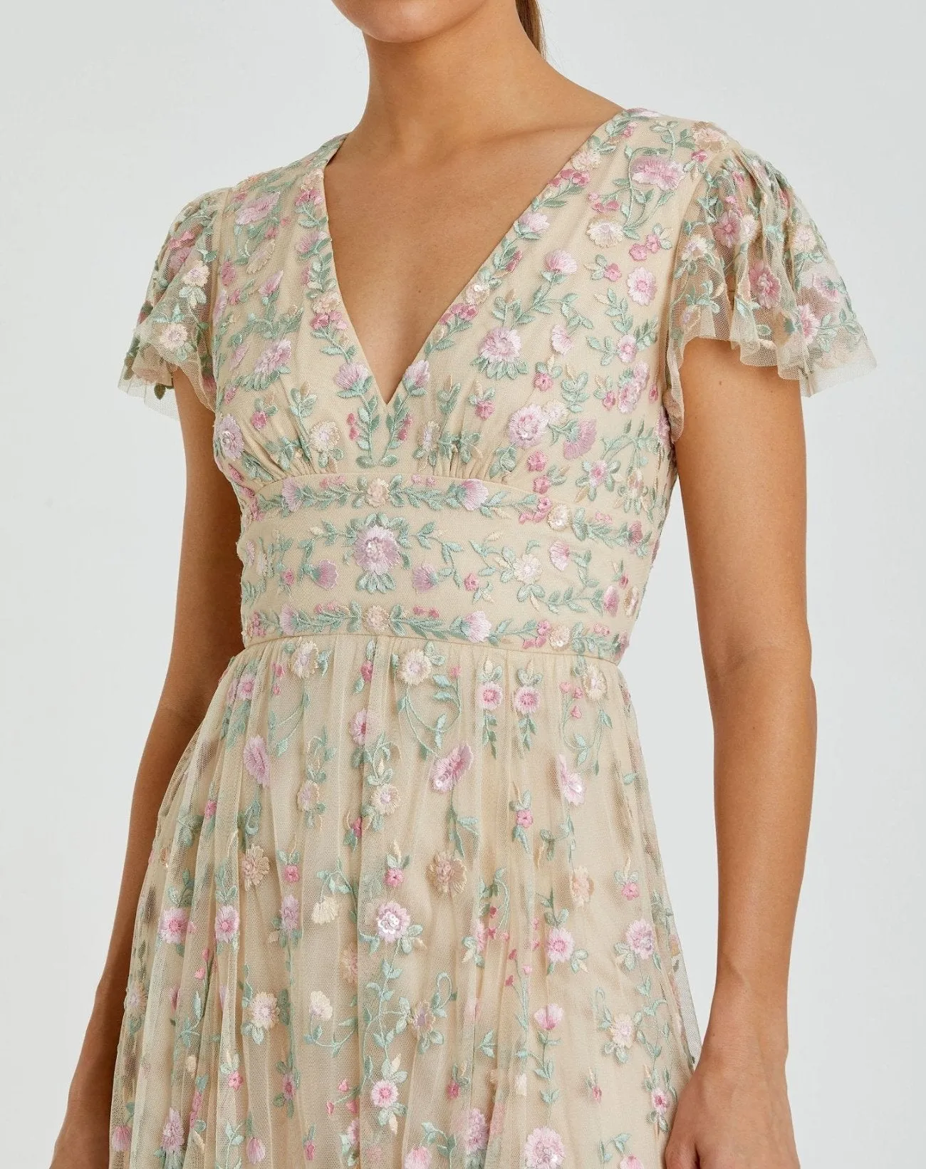Beige Multicolor Embroidered V Neck Cap Sleeve Midi Dress