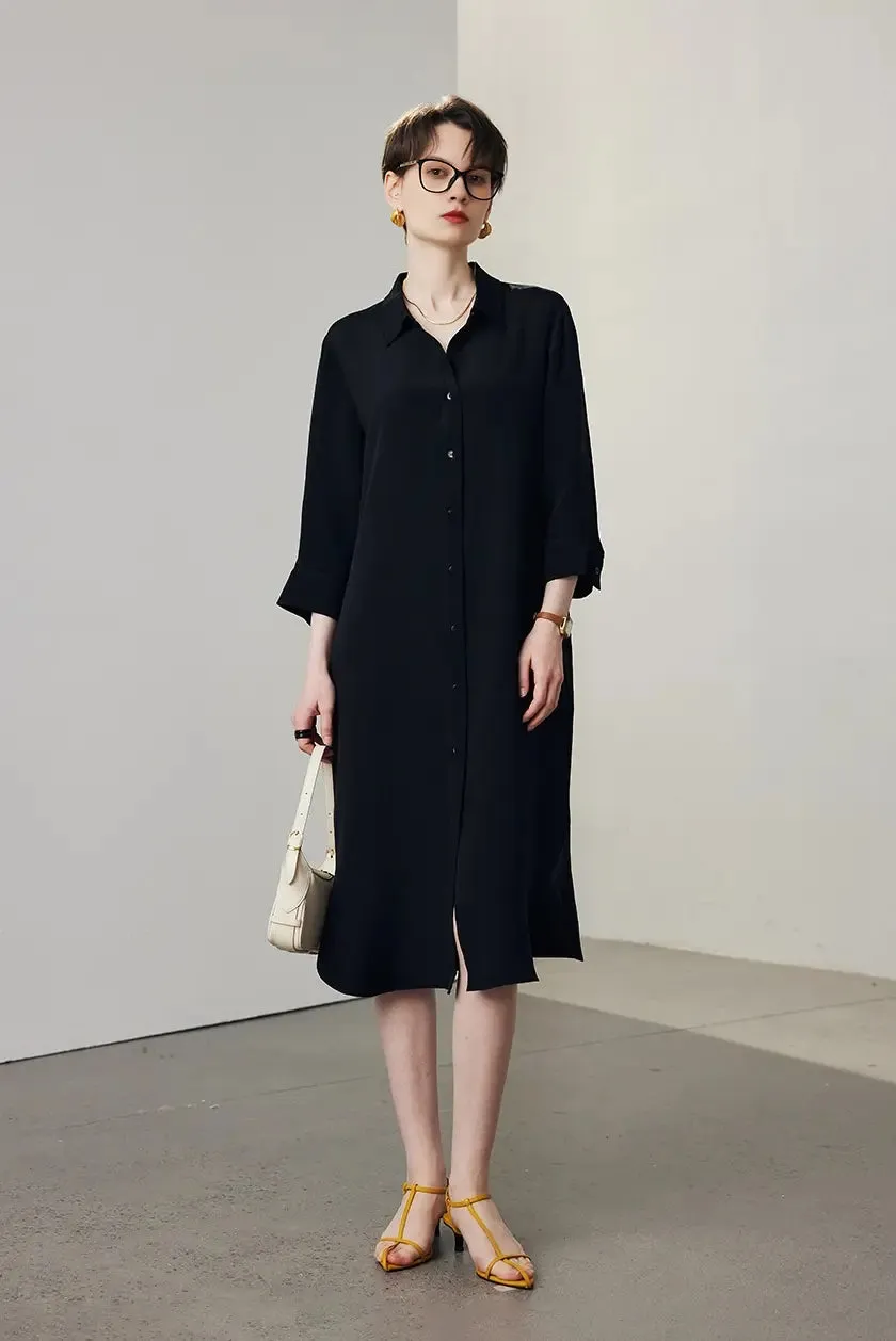 Belted Long Sleeve Silk Midi Shirt Dress