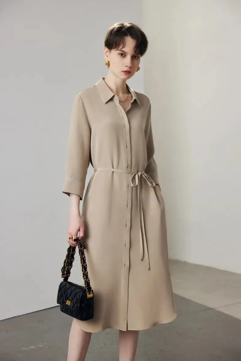 Belted Long Sleeve Silk Midi Shirt Dress