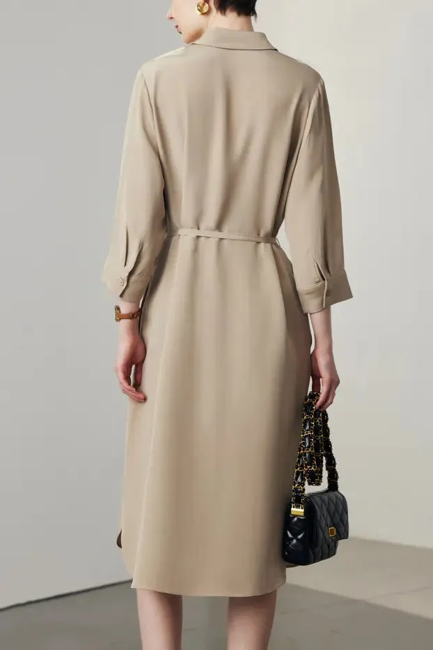 Belted Long Sleeve Silk Midi Shirt Dress