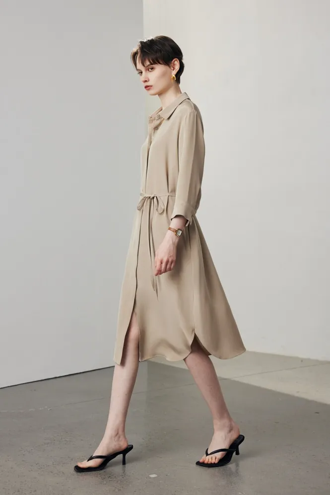 Belted Long Sleeve Silk Midi Shirt Dress