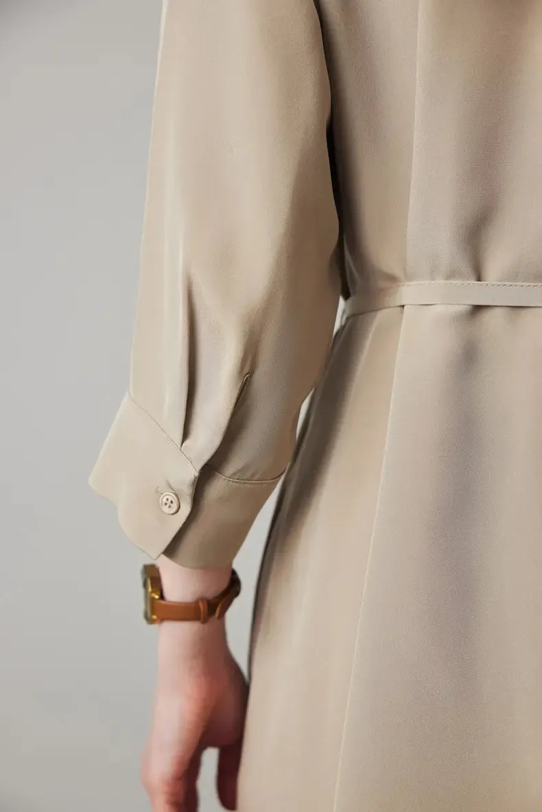 Belted Long Sleeve Silk Midi Shirt Dress