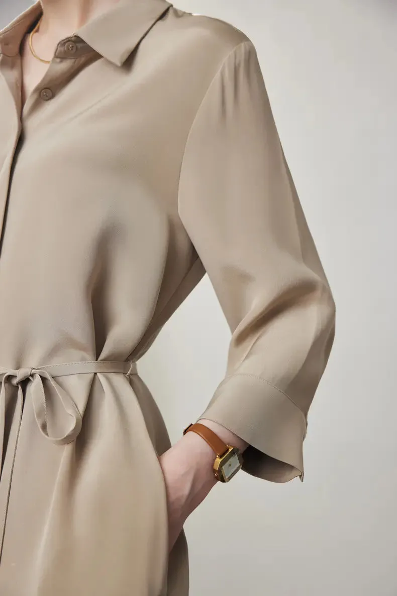 Belted Long Sleeve Silk Midi Shirt Dress