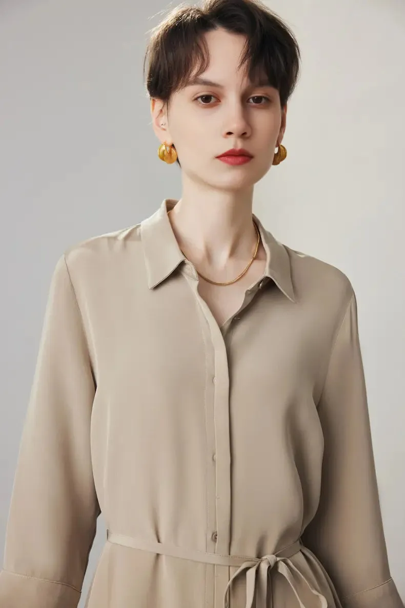 Belted Long Sleeve Silk Midi Shirt Dress