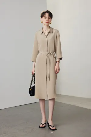 Belted Long Sleeve Silk Midi Shirt Dress