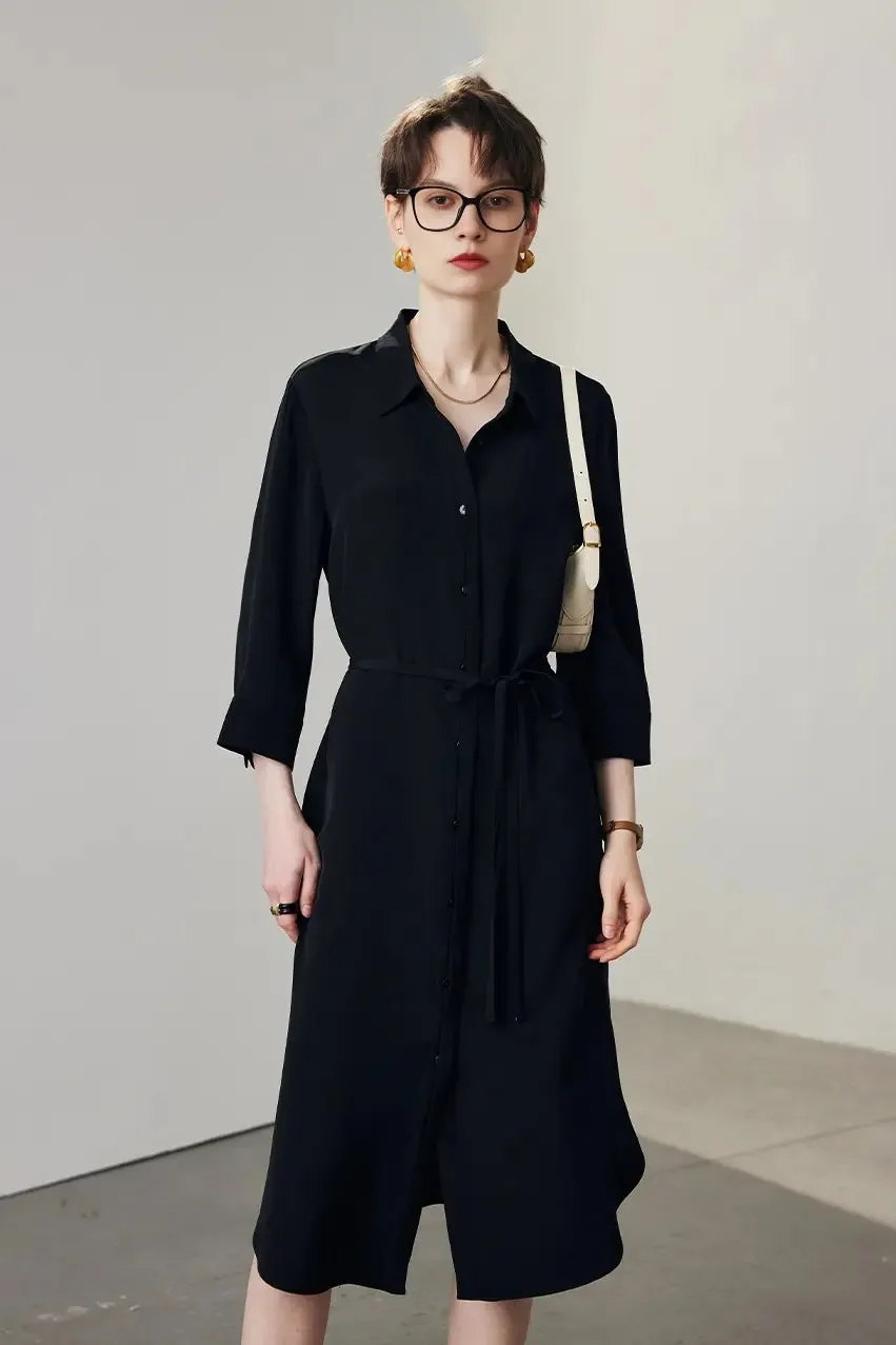 Belted Long Sleeve Silk Midi Shirt Dress