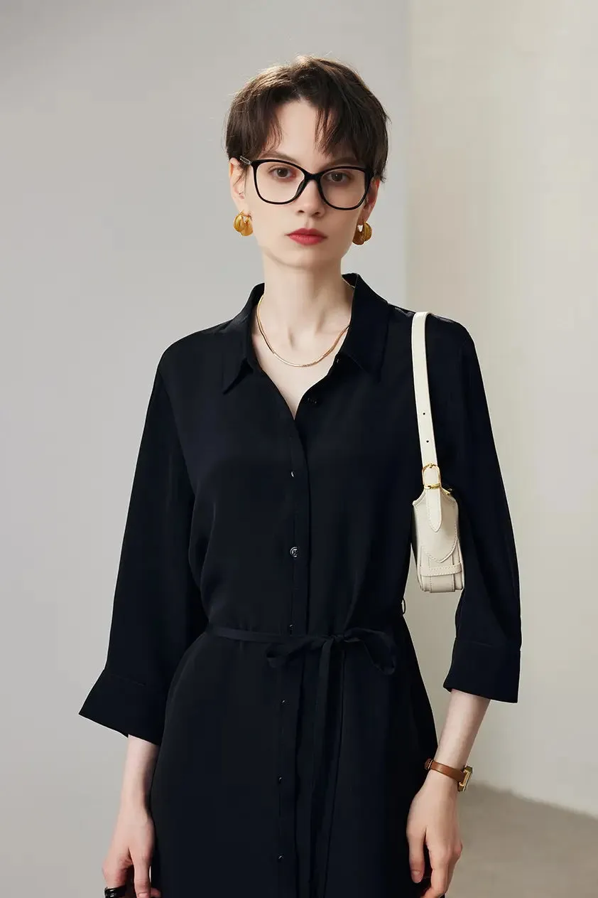 Belted Long Sleeve Silk Midi Shirt Dress