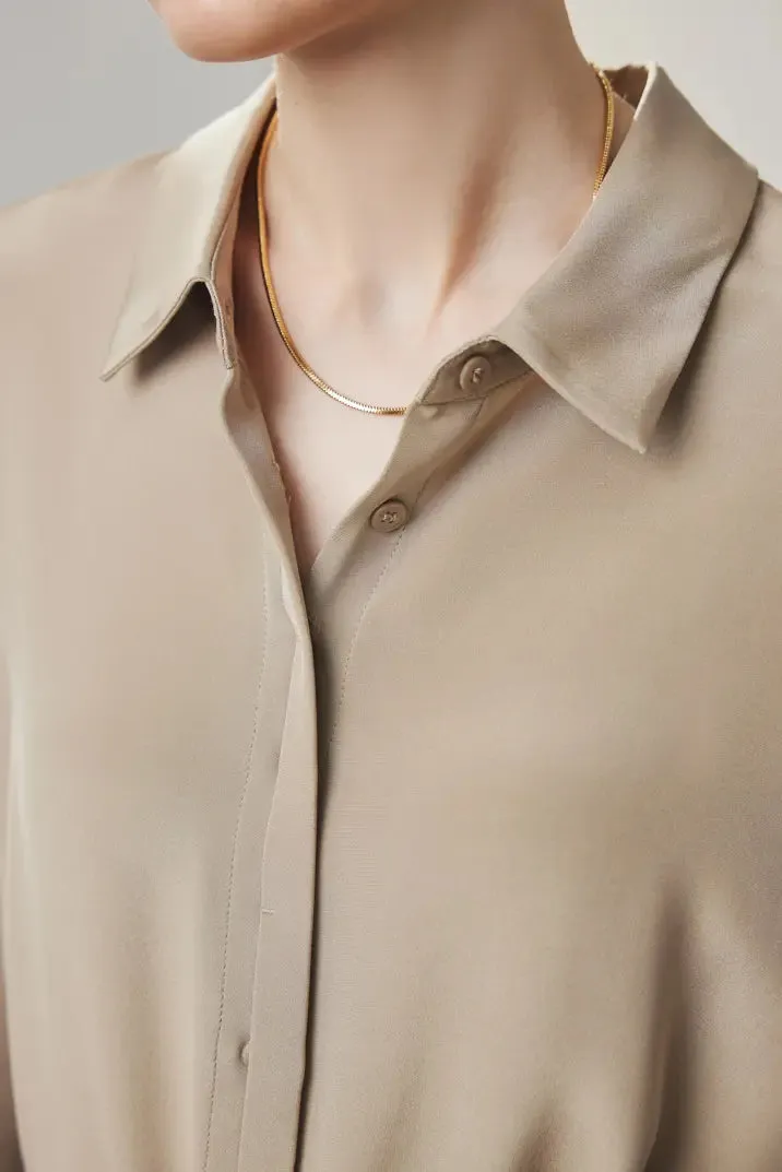 Belted Long Sleeve Silk Midi Shirt Dress