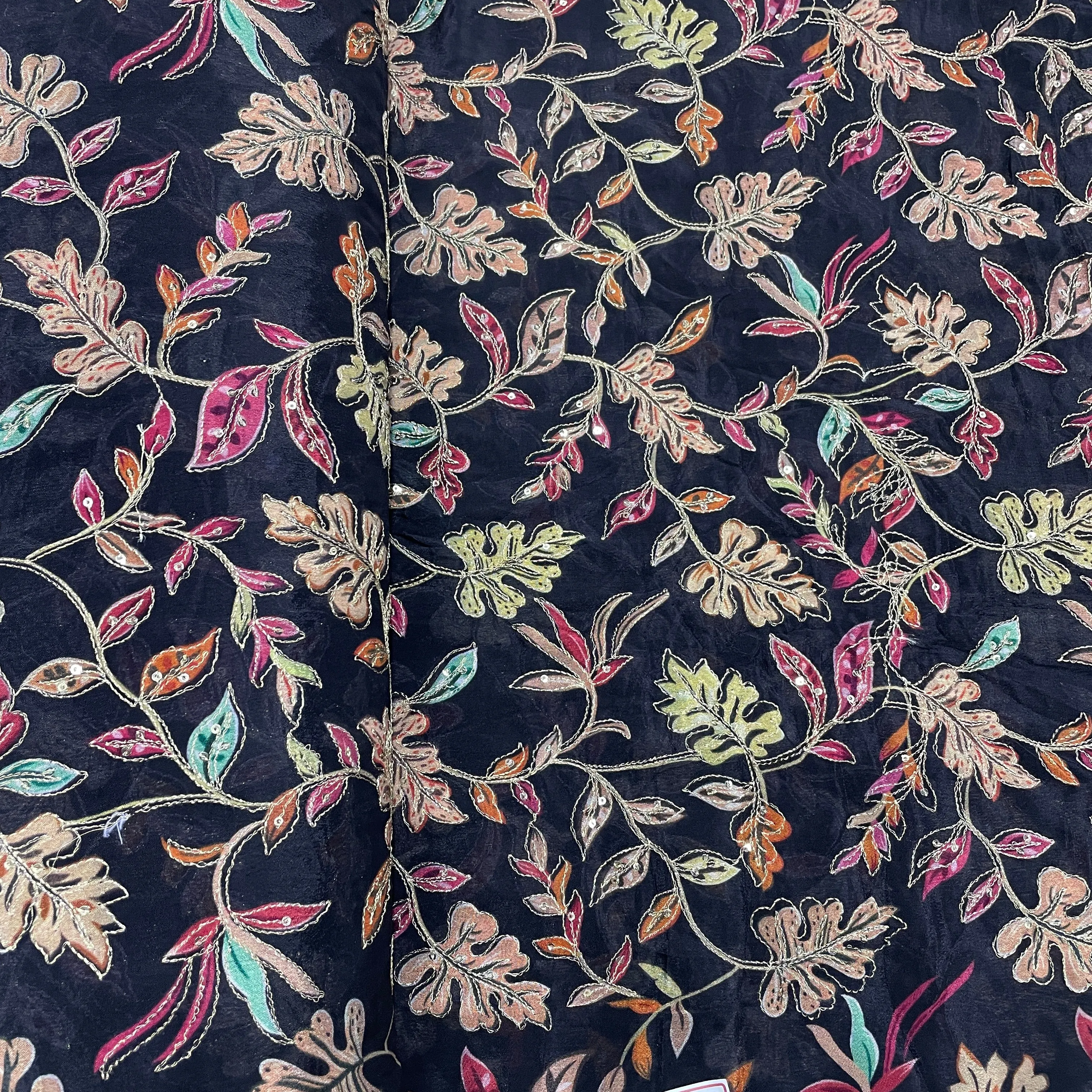 Black With Multicolour Floral Embroidery Sequins Chinon Fabric