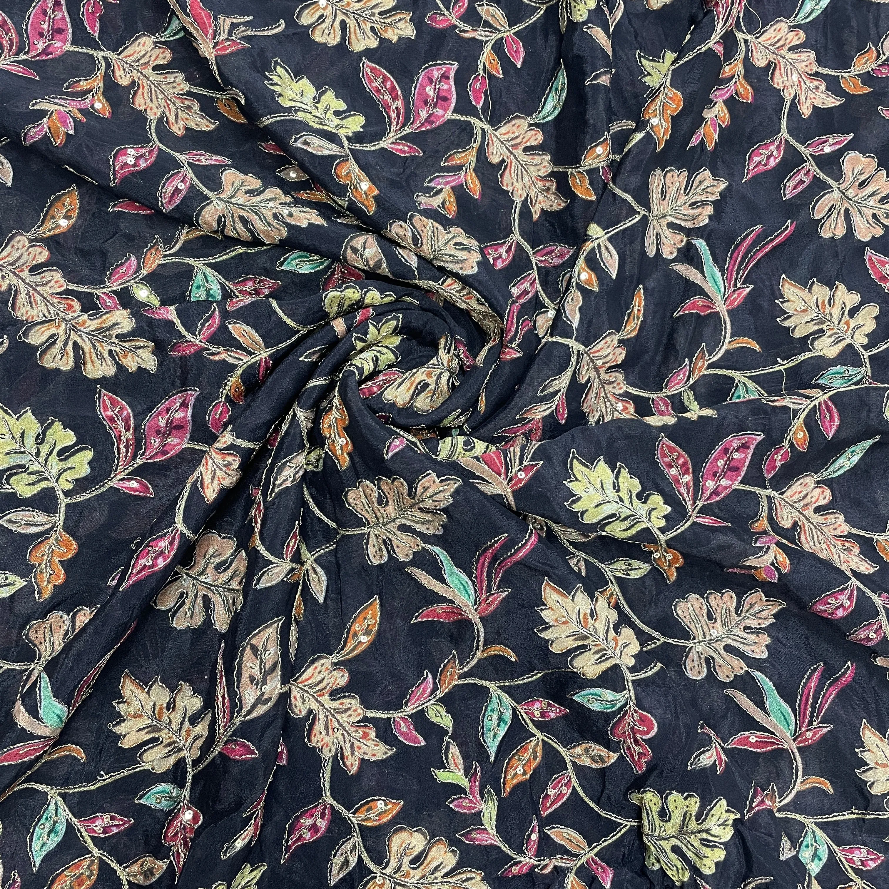 Black With Multicolour Floral Embroidery Sequins Chinon Fabric