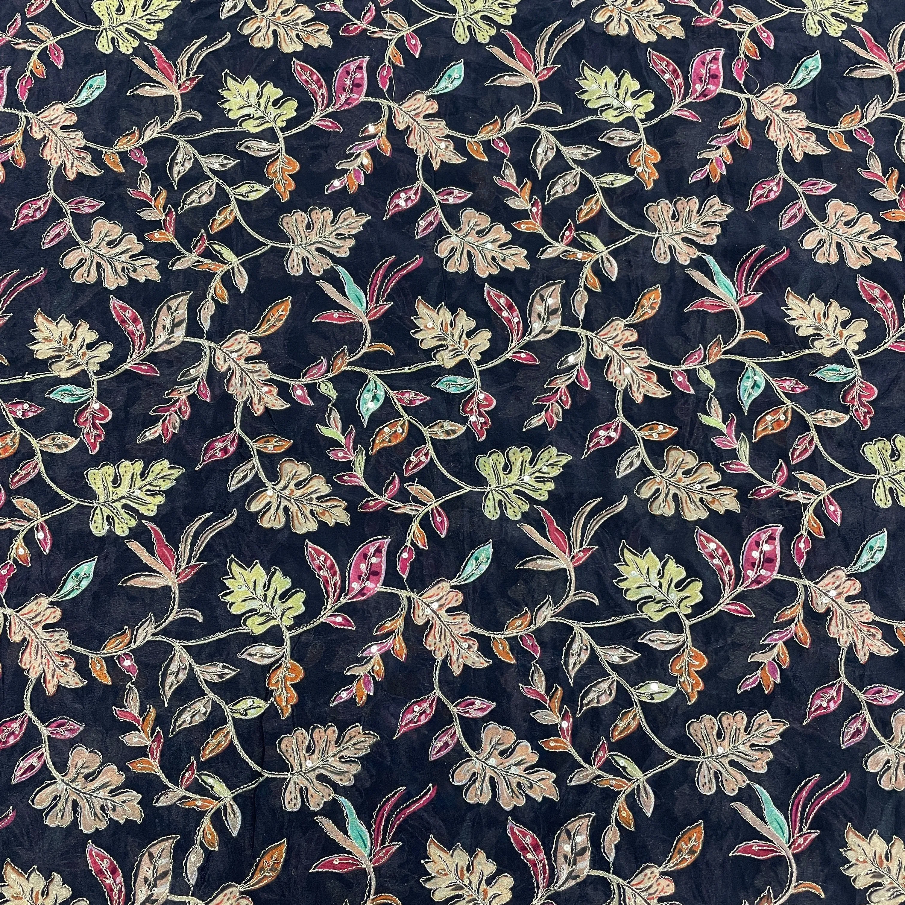 Black With Multicolour Floral Embroidery Sequins Chinon Fabric