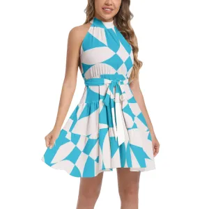 Blue Abstraction Ruffle Hem Belted Halter Dress