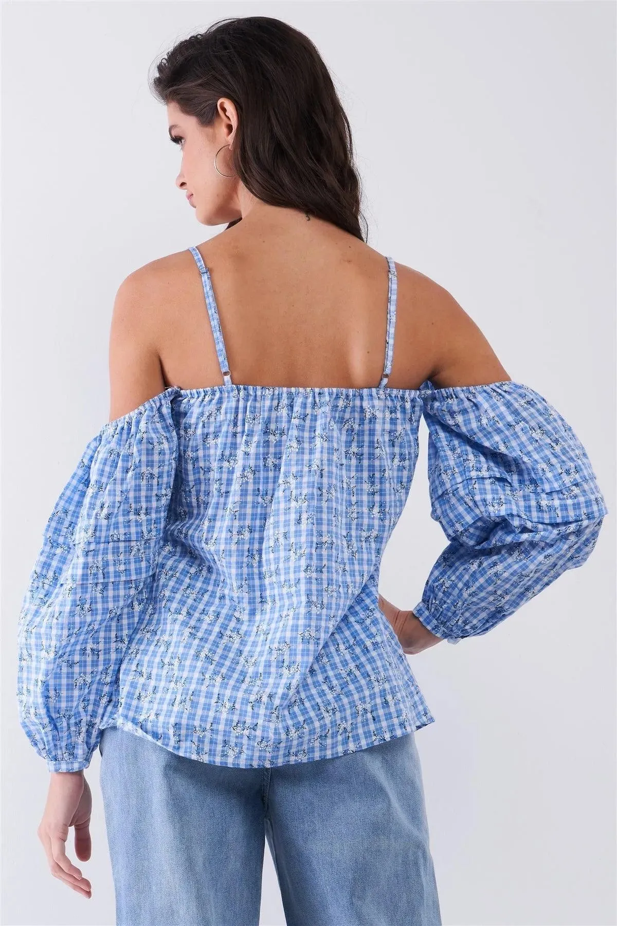 Blue & White Checkered Floral Print Off-The-Shoulder Balloon Sleeve Relaxed Blouse /1-2-2-1