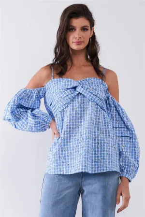 Blue & White Checkered Floral Print Off-The-Shoulder Balloon Sleeve Relaxed Blouse /1-2-2-1