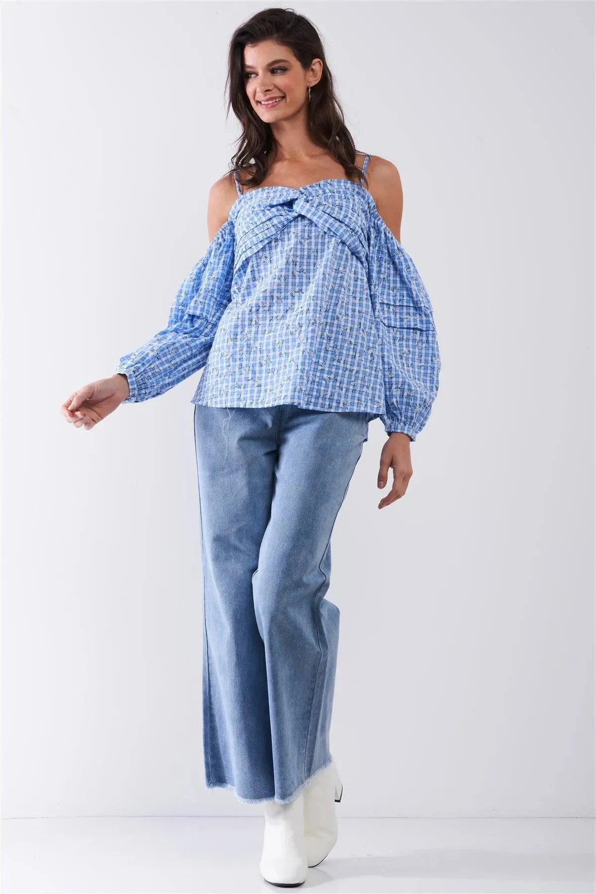 Blue & White Checkered Floral Print Off-The-Shoulder Balloon Sleeve Relaxed Blouse /1-2-2-1