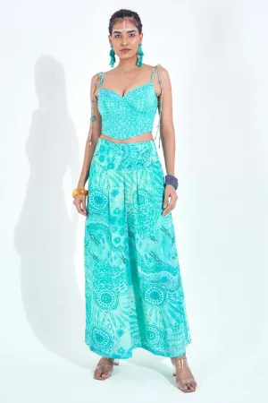 Blue Print Pleated Flare Pants