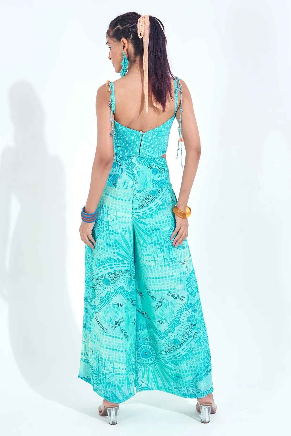 Blue Print Pleated Flare Pants