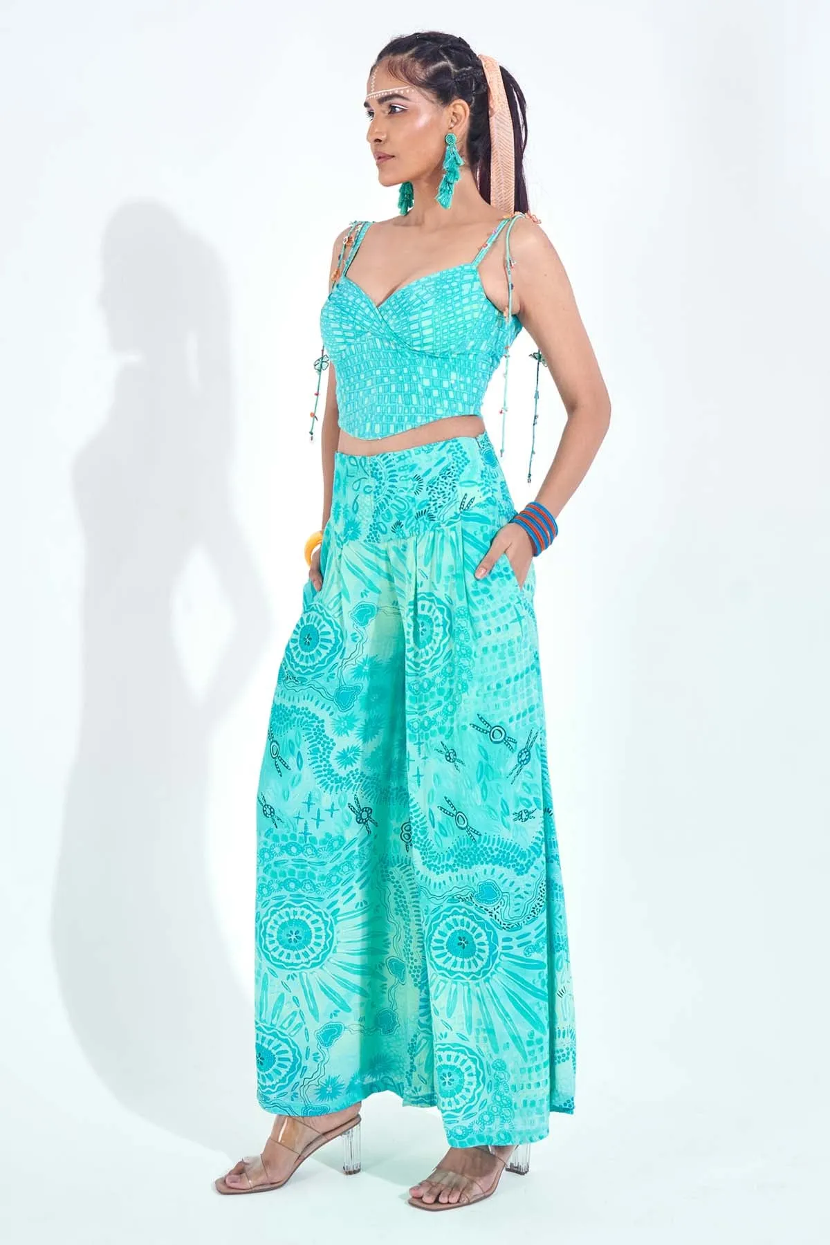 Blue Print Pleated Flare Pants