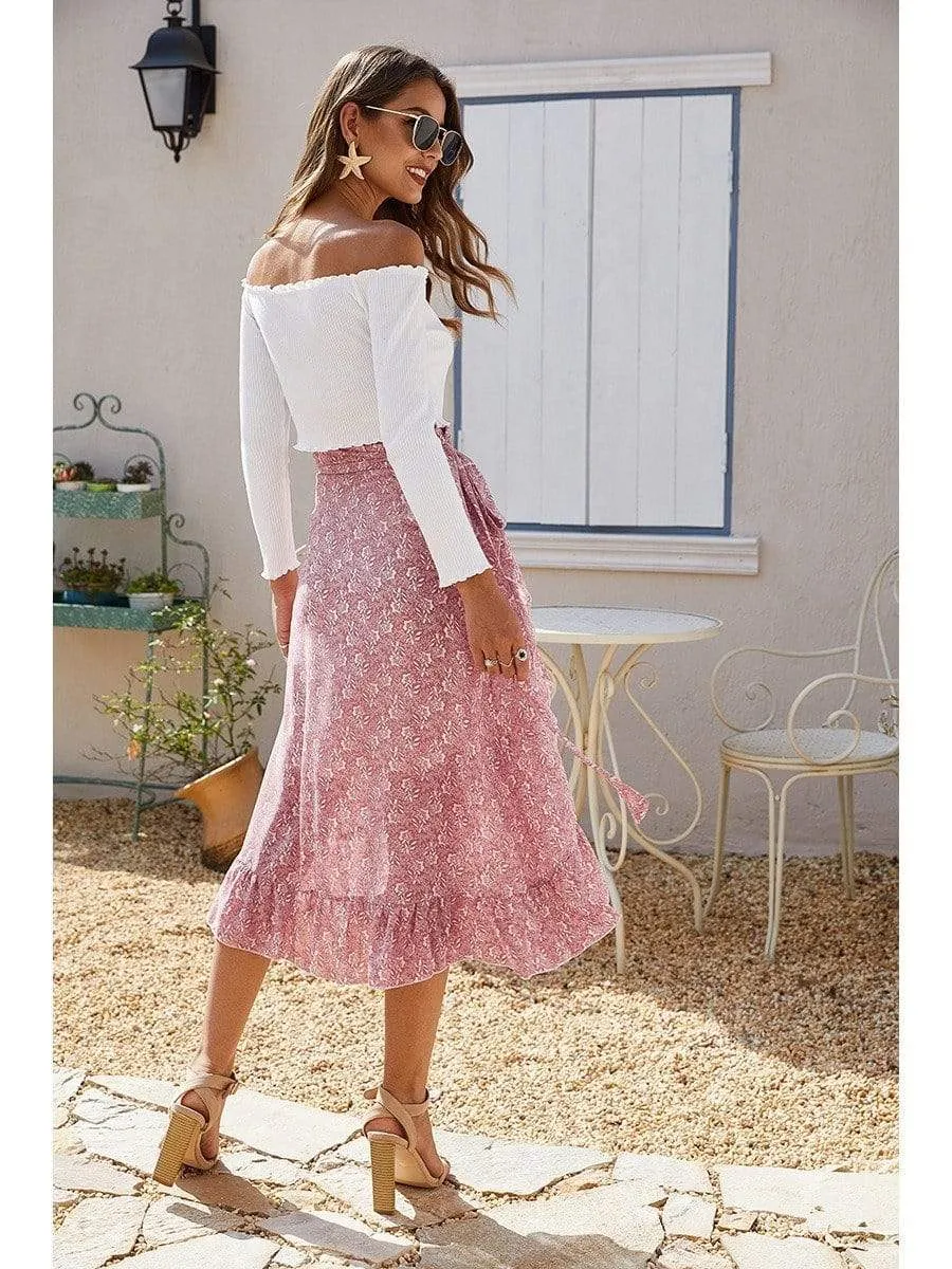 Boho Asymmetrical Midi Skirt with Floral Print