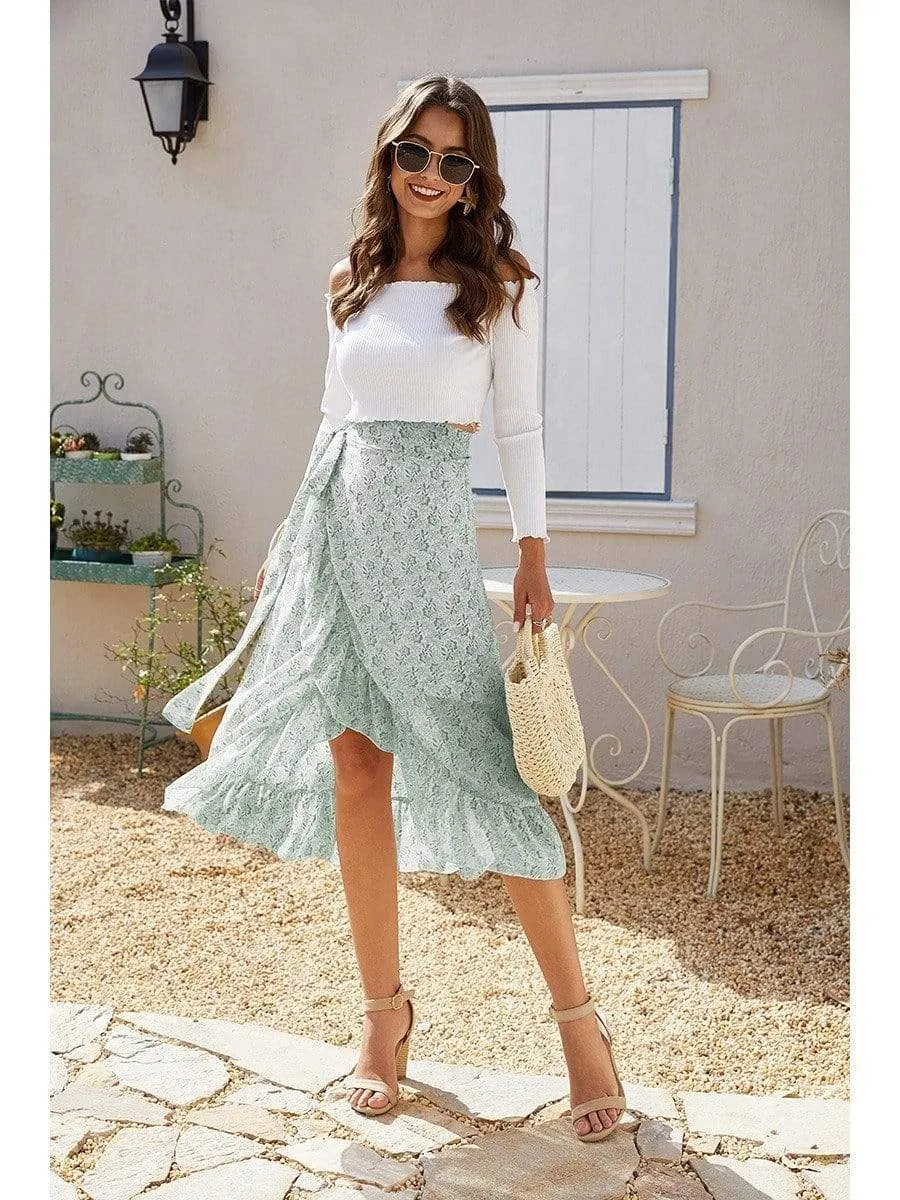 Boho Asymmetrical Midi Skirt with Floral Print