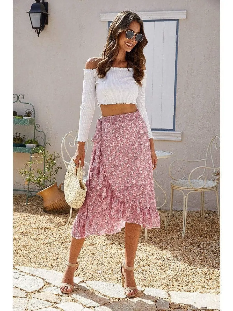Boho Asymmetrical Midi Skirt with Floral Print