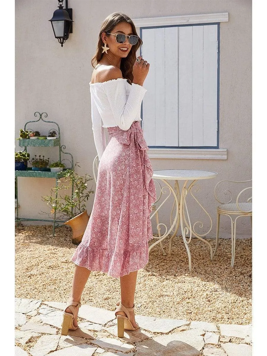 Boho Asymmetrical Midi Skirt with Floral Print