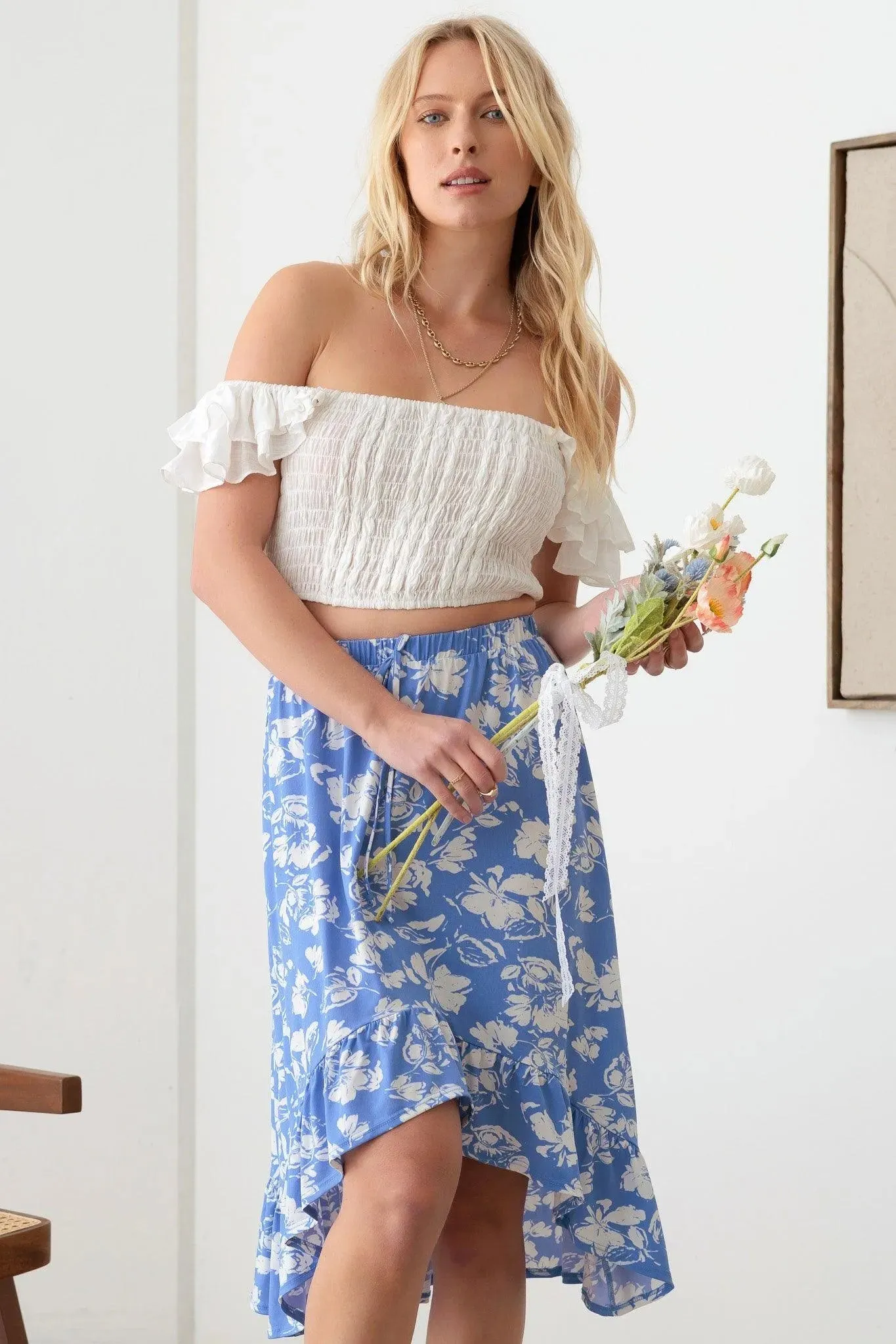 Boho Floral Front High Low Ruffle Hem Midi Skirt