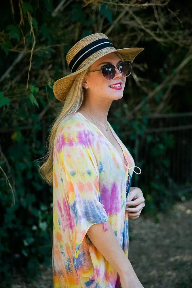 Boho Tie Dye Lightweight Tassel Cover Up Kimono Wrap Multicolor
