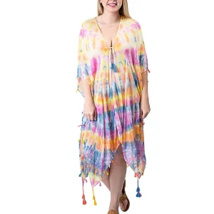 Boho Tie Dye Lightweight Tassel Cover Up Kimono Wrap Multicolor