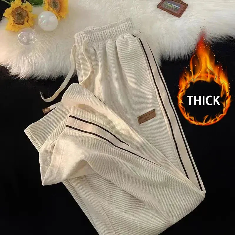 Bonnyshow Corduroy Striped Sweatpants Women Streetwear Thick Wide Leg Pants Y2K Harajuku High Waist Joggers Korean Baggy Trousers
