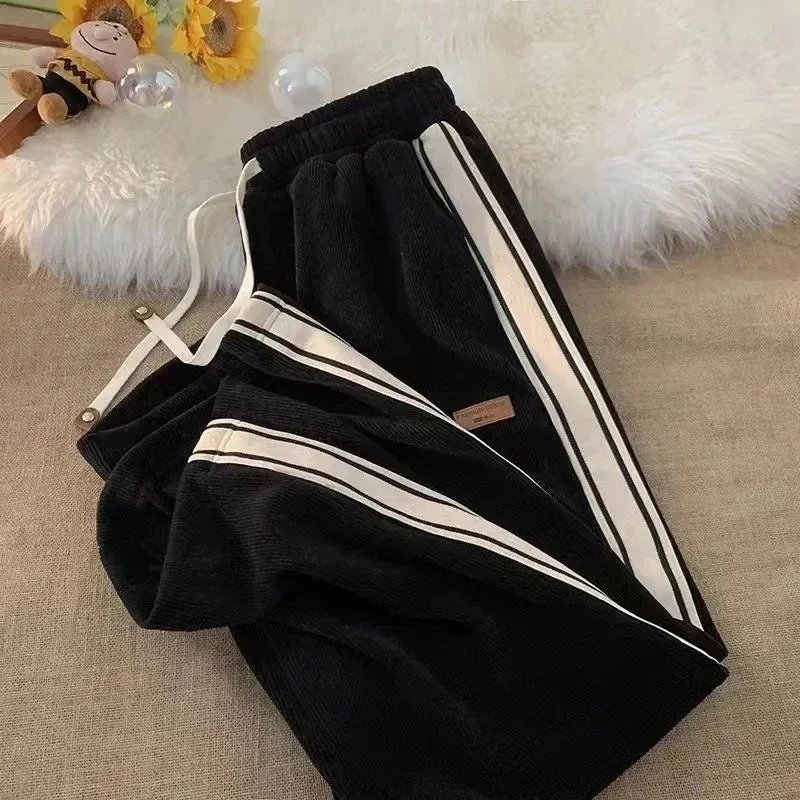 Bonnyshow Corduroy Striped Sweatpants Women Streetwear Thick Wide Leg Pants Y2K Harajuku High Waist Joggers Korean Baggy Trousers