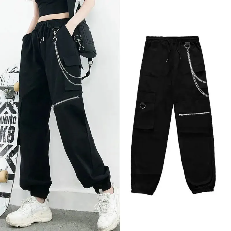 Bonnyshow Streetwear Spring Summer Cargo Pants Women Harajuku Slim Punk Ribbons Joggers Elastic Waist Ankle-Length Trousers For Girls