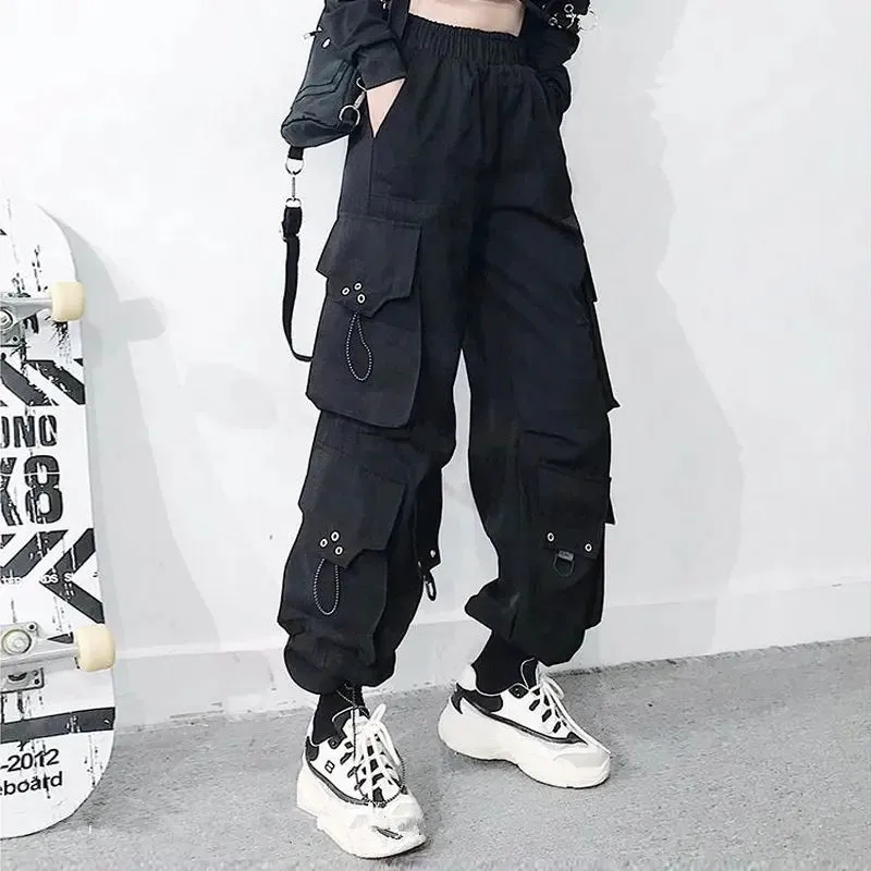 Bonnyshow Streetwear Spring Summer Cargo Pants Women Harajuku Slim Punk Ribbons Joggers Elastic Waist Ankle-Length Trousers For Girls