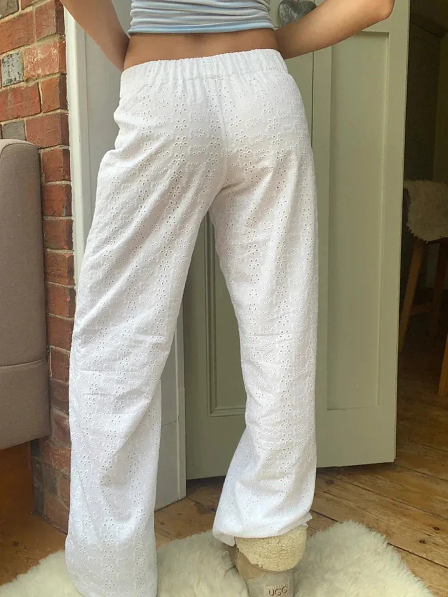 Bonnyshow Women Y2k Lounge Pants Elastic Waist Wide Leg Comfy Trousers Flower Embroidery Going Out Pants Streetwear