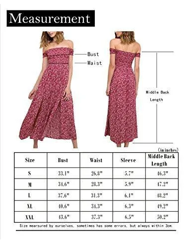 Casual Off Shoulder Split Bohemian Floral Long Maxi Dress Red M