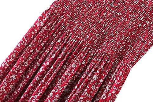Casual Off Shoulder Split Bohemian Floral Long Maxi Dress Red M