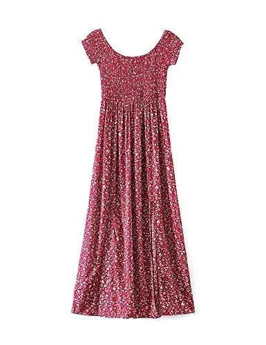 Casual Off Shoulder Split Bohemian Floral Long Maxi Dress Red M
