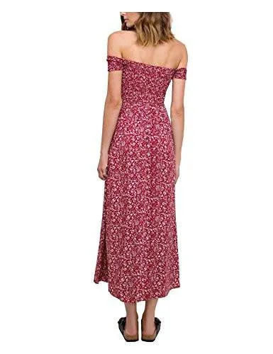 Casual Off Shoulder Split Bohemian Floral Long Maxi Dress Red M