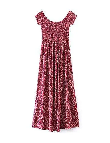 Casual Off Shoulder Split Bohemian Floral Long Maxi Dress Red M